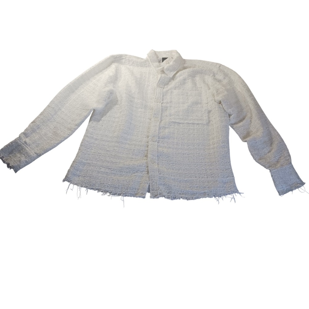 Forever 21 Men's M Woven Button Shirt White Textured Fringe‎ Hem NWT Frayed